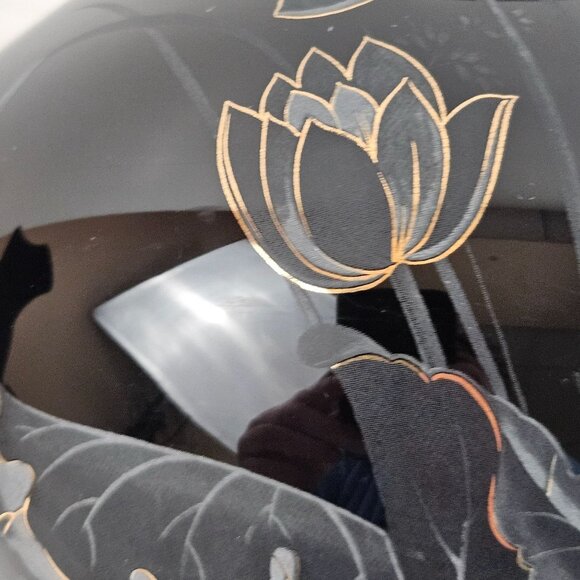 Black Painted Glass Vase Etched Lotus Floral Gold Detail Asian Art Style 10in - Picture 3 of 10